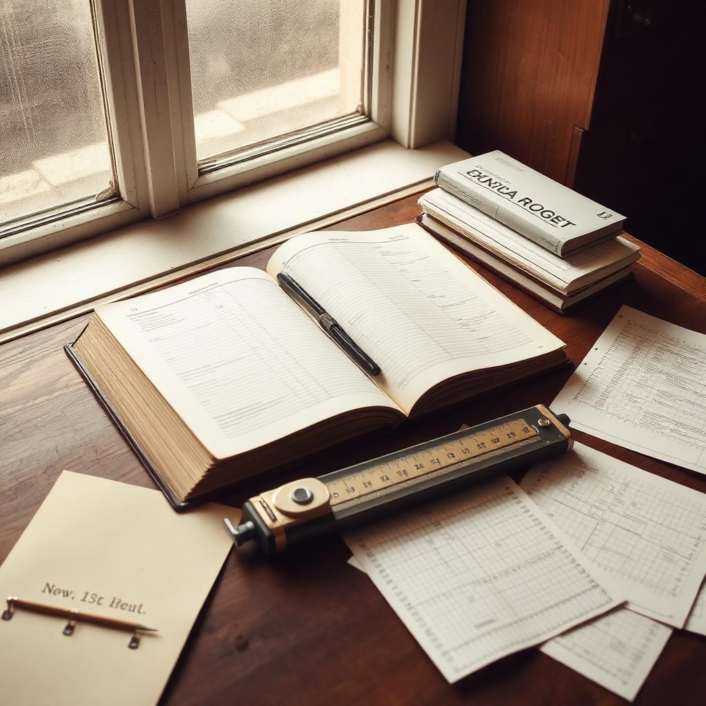 An open ledger by a window with a slide rule and graph paper