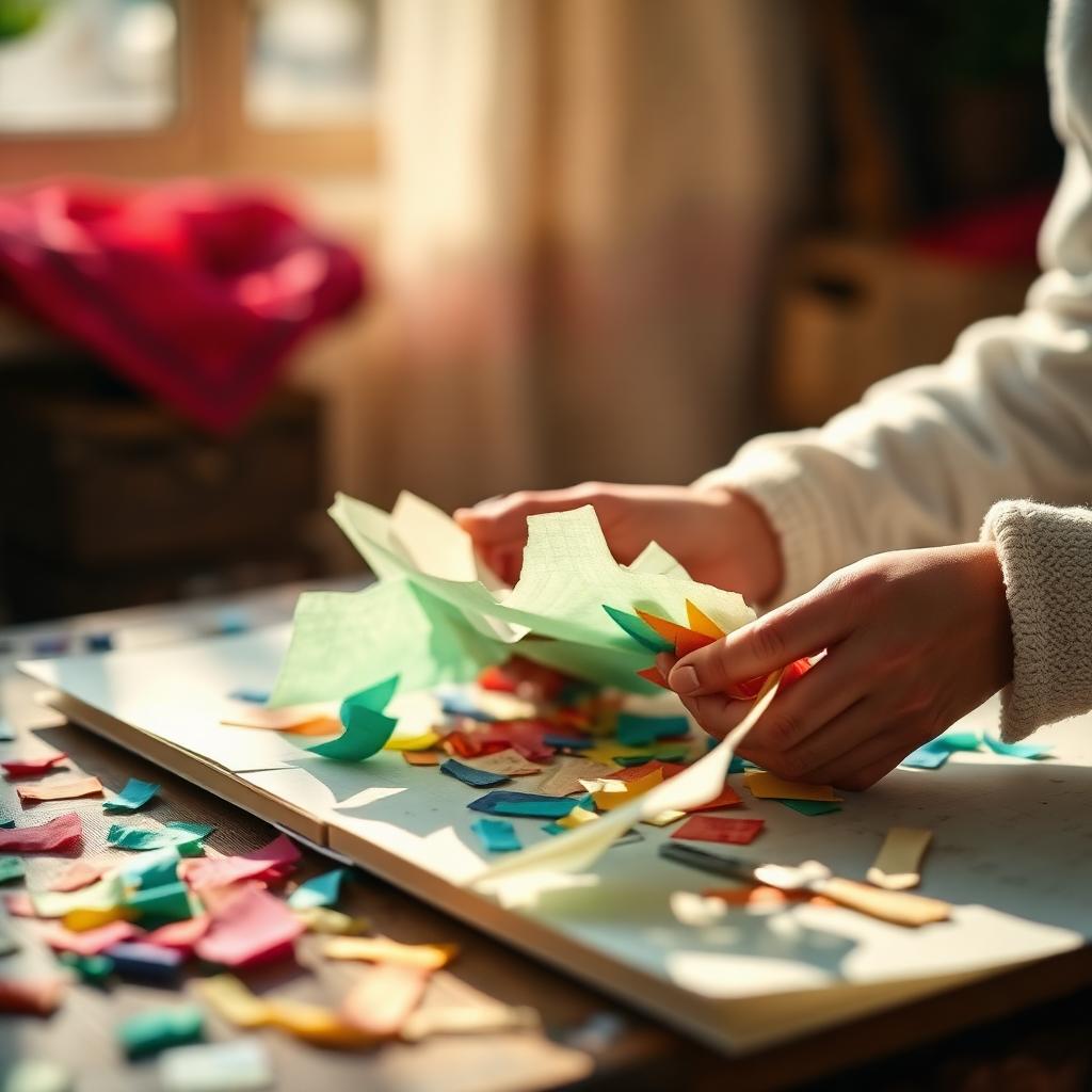 Hands at play with colored paper in dappled morning light